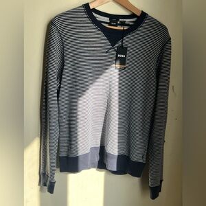 HUGO BOSS Men's Navy and White Striped Crewneck Sweater